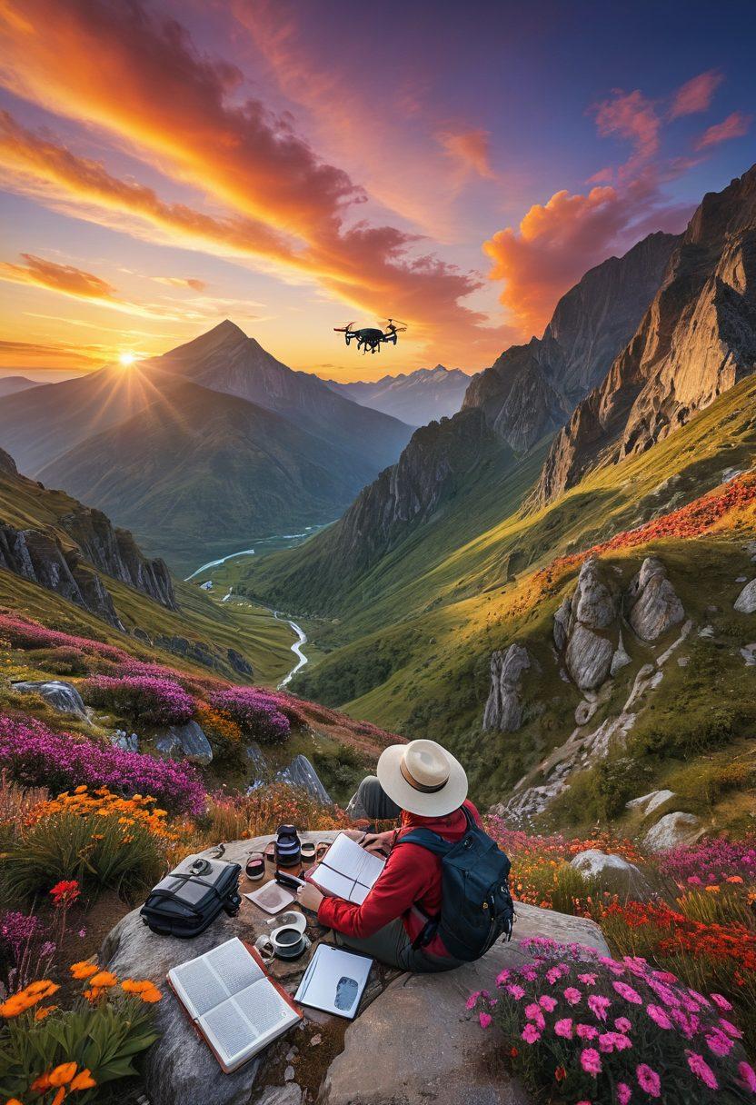 A serene landscape showcasing a diverse group of travelers exploring a breathtaking mountain range with tech gadgets like drones and smartphones in hand. In the foreground, a person journaling their transformative experiences, with vibrant flora surrounding them. The sky is painted in warm sunset hues, symbolizing growth and new beginnings. A blend of cultures represented through clothing and emblems. super-realistic. vibrant colors.
