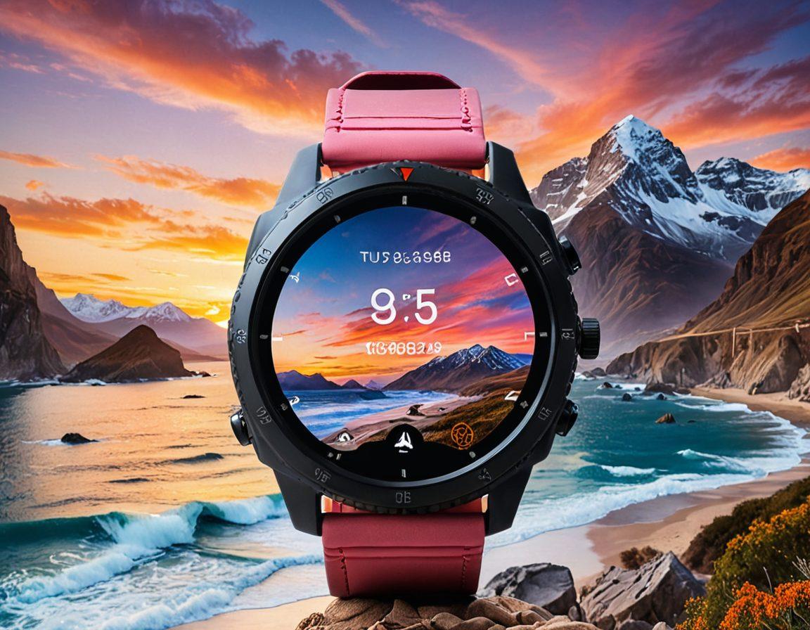 A collage showing a modern gadget like a smartwatch, seamlessly merging into a breathtaking travel landscape with a serene beach sunset and majestic mountains in the background. Include elements of adventure such as a backpack and compass, implying the journey and exploration aspect. The scene should evoke a sense of wanderlust and excitement for lifestyle enhancement. vibrant colors. super-realistic.