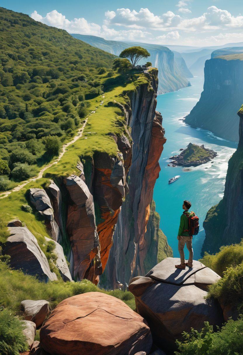 A collage depicting a traveler standing at the edge of a breathtaking cliff overlooking a vast landscape, with innovative travel gadgets scattered around. The background features a blend of nature and modern architecture symbolizing adventure and innovation. The scene is enriched with vibrant colors showcasing the beauty of both nature and technology. super-realistic. vibrant colors.